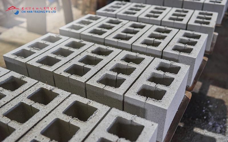 Newly manufactured concrete blocks at a factory.