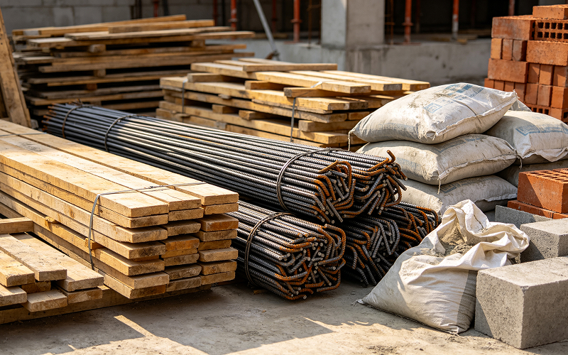 Construction-materials-including-timber-formwork-rebar-and-cement-bags